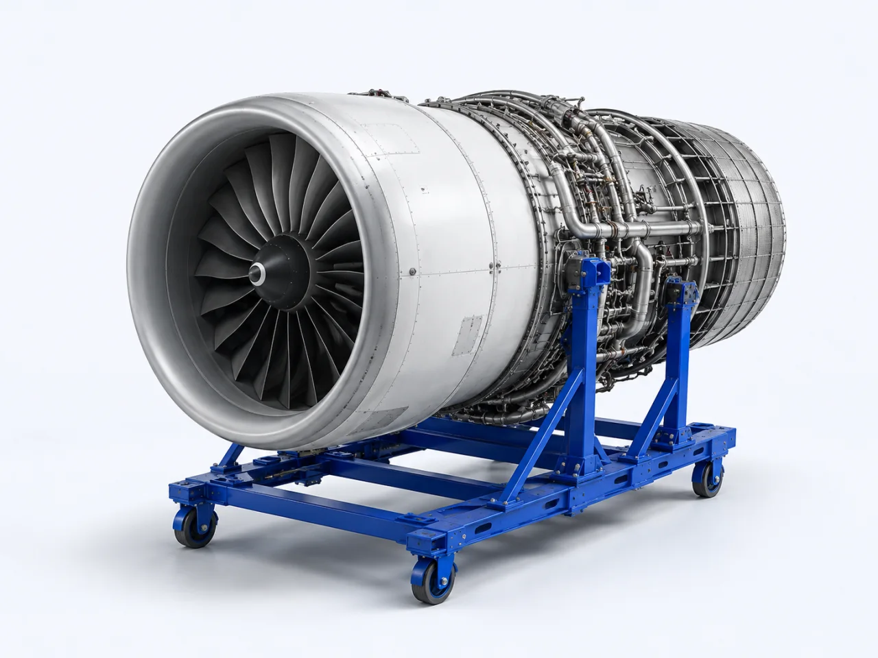 Bakım standı üzerine yerleştirilmiş sivil uçak turbofan motoru.