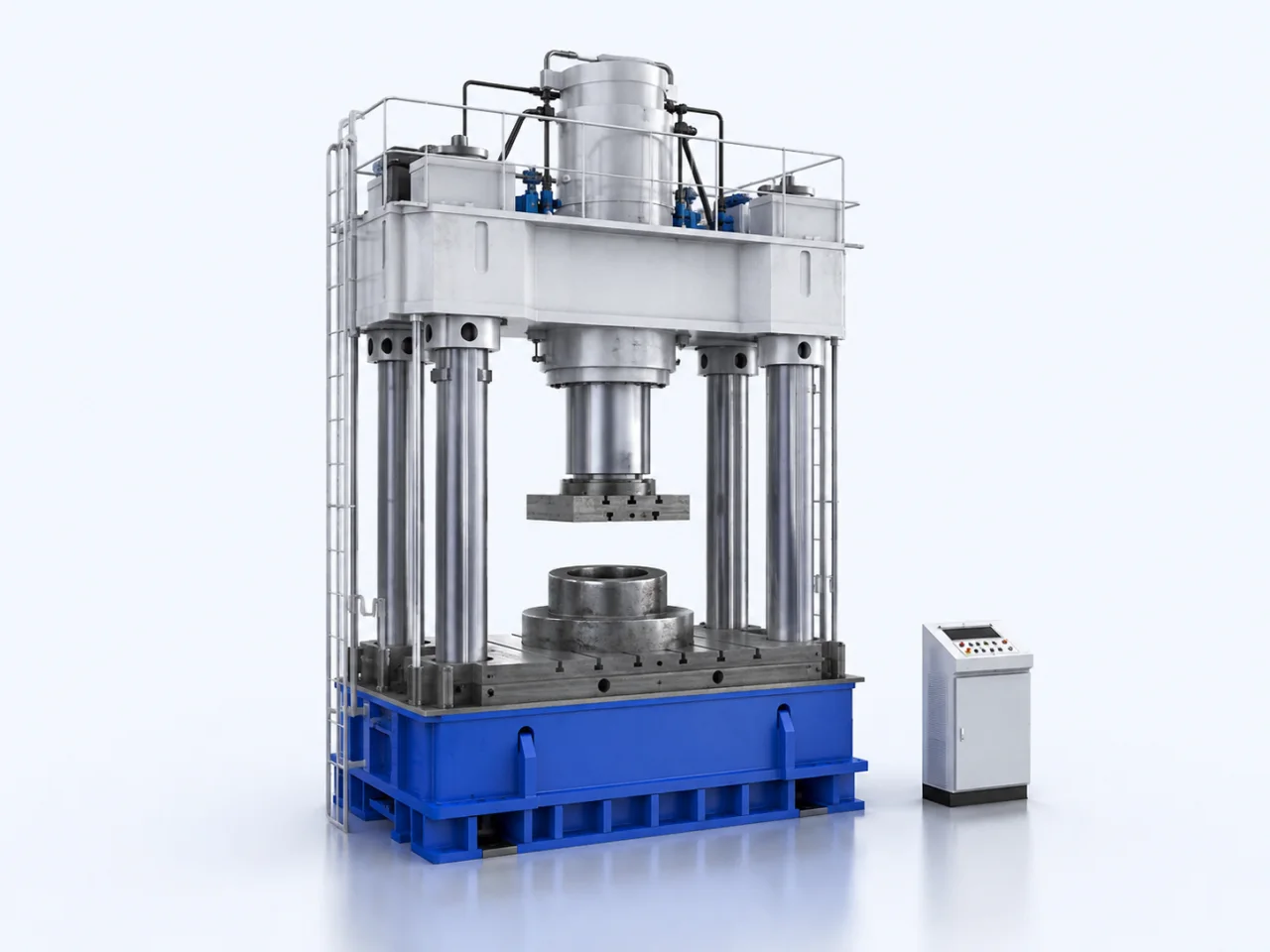 Een hydraulische pers met vier kolommen en een zwaar stalen werkstuk.